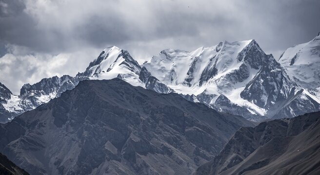Glaciated and snow-covered mountain peaks, Tian Shan, Sky Mountains, Engilchek Valley, Kyrgyzstan