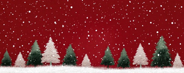 Christmas scene with red background, falling snow, and green trees on snowy ground