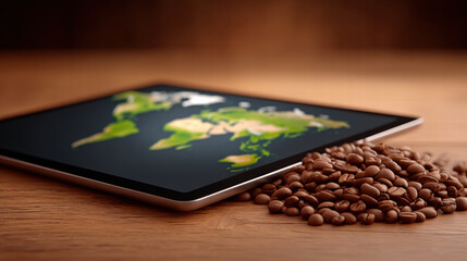 Blockchain in coffee export tracking concept with digital tablet showing world map and coffee beans on wooden table