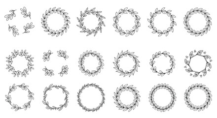 A collection of diverse hand-drawn botanical wreaths and leafy frames, perfect for elegant wedding invitations, logos, or natural design elements.