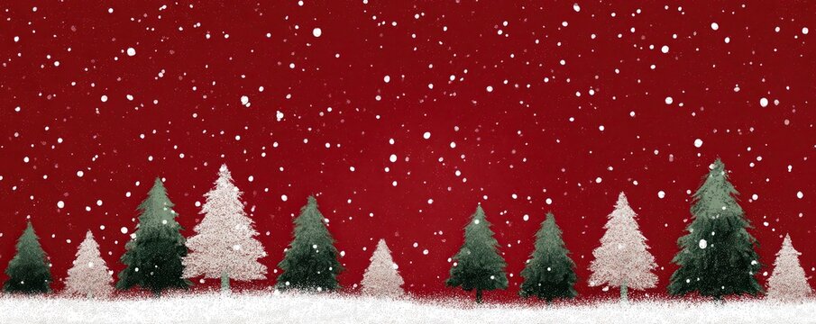 Christmas scene with red background, falling snow, and green trees on snowy ground - Powered by Adobe
