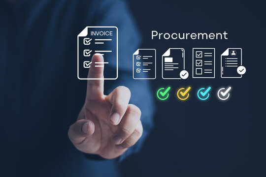 Touchless digital procurement workflow concept showing a hand selecting invoice documents with verification icons. Suitable for ERP software, B2B purchase management and paperless approval systems. 