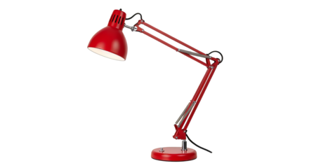 Modern red architect desk lamp illuminates a workspace providing focused light for reading and tasks enhancing productivity in a home office setting on transparent background