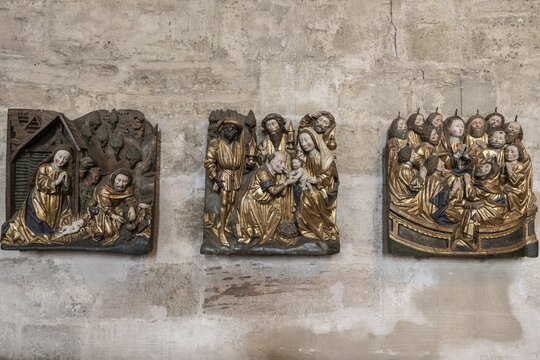 Cathedral, Erfurt, Thuringia, 3 Gothic reliefs, Germany