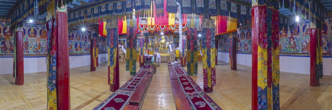 Dukhang, prayer and meeting room, Diskit Monastery, near Hunder, Nubra Valley, Ladakh, Jammu and Kashmir, Indian Himalayas, North India, India