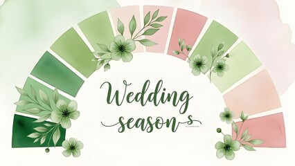 Floral Swatch Arc for Wedding Season. A semi-circle of green-to-pink floral swatches frames “Wedding season” in elegant script with blossoms.