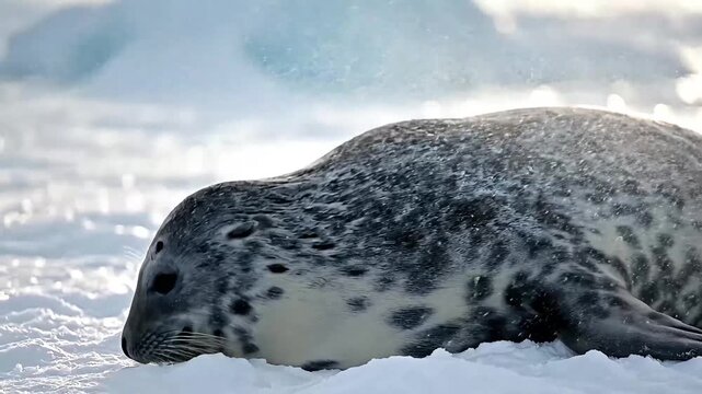 Cinematic close-up of a spotted harbor seal lying peacefully on crystalline white snow and ice, looking towards the sun, perfect for wildlife survival themes and polar region travel campaigns.