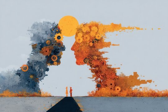 Two heads facing each other with gears and abstract landscape, symbolizing dialogue and innovation