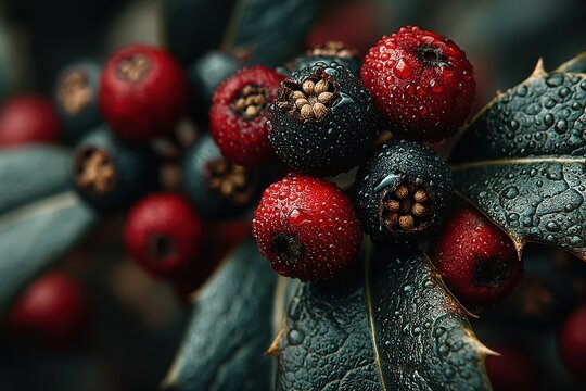 Velvety dark green holly leaves with red berries and dew drops in close-up - Powered by Adobe