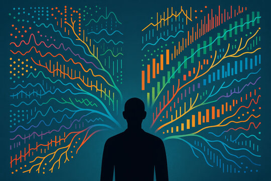 Human silhouette with colorful data visualization lines branching out, symbolizing decision making and complex thought processes in digital environment