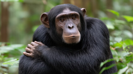 Thoughtful animal portrait showing body language in natural environment with close up of chimpanzee face and expression
