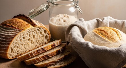 Sourdough bread baking process with starter and loaves