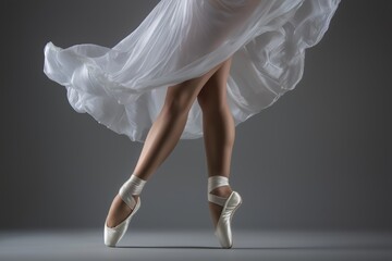 Elegant ballerina en pointe wearing white dress and pointe shoes in studio, graceful ballet dancer performing classical dance with artistic flair and poise