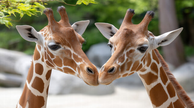 Two giraffe animal portraits show body language in natural environment expressing gentle connection and calm interaction