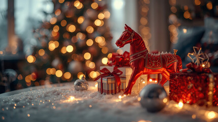 New Year 2026 postcard of the red fire horse. Christmas tree decorations, a red horse, and the numbers 2026 on the Christmas tree. Decorating the interior of your home for the winter holidays.