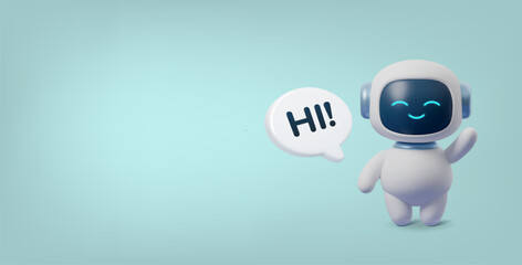 Cute 3D robot waving with speech bubble saying Hi. Friendly AI chatbot character on clean background. Modern digital assistant illustration for tech, apps and customer support