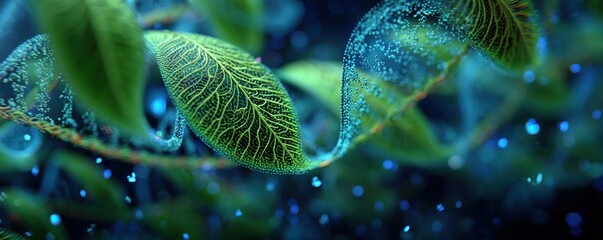 Naklejka premium Green leaves intertwine with DNA strands in a luminous blue bokeh scene