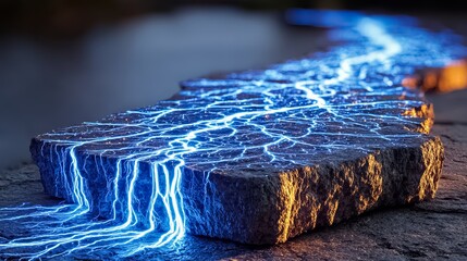 Rock with blue lightning bolts on it. The rock is surrounded by water