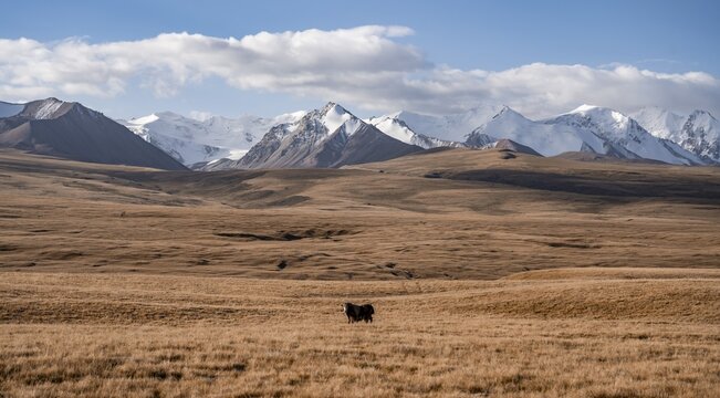 Glaciated and snow-covered mountains, yak in autumnal mountain landscape with yellow grass, Tian Shan, Sky Mountains, Sary Jaz Valley, Kyrgyzstan