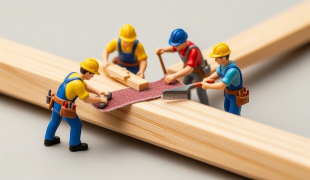 Miniature workers craft a wooden frame with tools in a creative workshop setting - Powered by Adobe