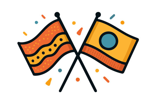 Two hand rawn style flags are crossed with small confetti shapes around them, adding a festive and celebratory feel. The design uses a warm color palette and playful texture. Perfect for representing 