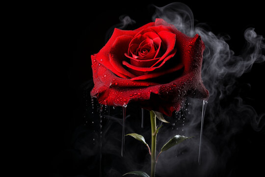 Red rose with smoke on black background