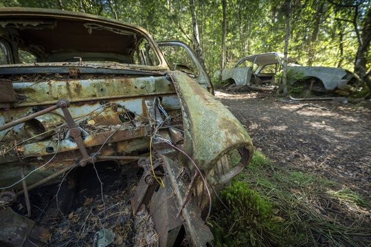 Ancient scrap cars, Kyrk&ouml; Mosse car graveyard, Ryd, Tingsryd, Kronobergs l&auml;n, Sweden