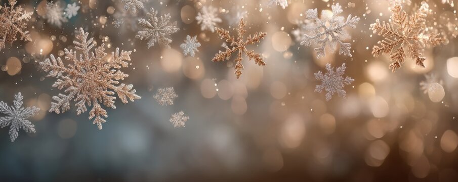 Delicate snowflakes float in a warm golden and cool silver glow with bokeh lights