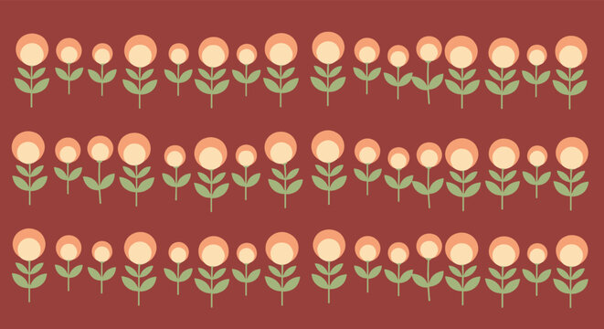 Stylized floral pattern featuring rows of orange and yellow flowers with green foliage on a deep reddish-brown backdrop.