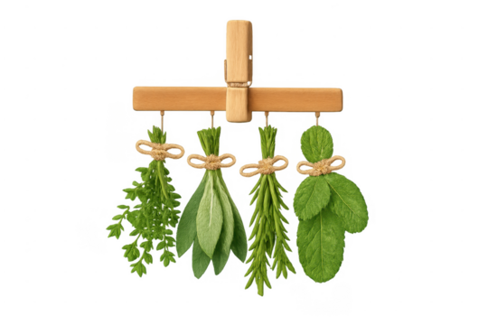 Drying fresh herbs hanging kitchen wooden rack