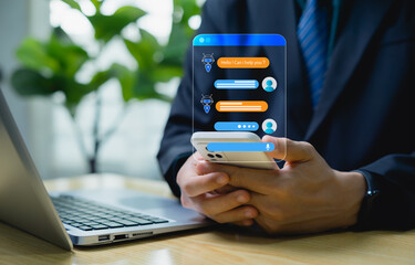 Businessman interacting with AI chat bot agent providing client service through robotic software interface, representing artificial intelligence technology and digital customer communication system.