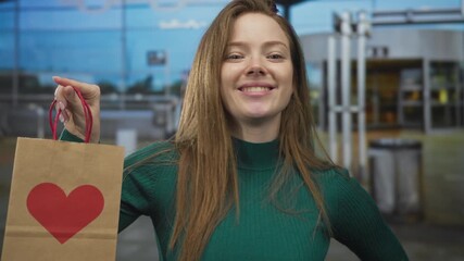 Woman holding paper bag with red heart at airport terminal in green sweater smiles broadly while showing hand gripping handle; love.