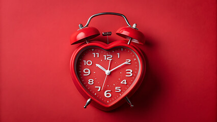 A vibrant red heart shaped alarm clock with a classic bell top design sits against a solid red background