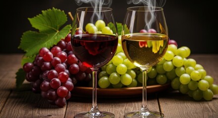 Red and white wine glasses with fresh grapes