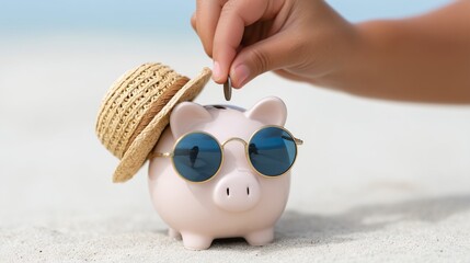 Piggy bank saving for summer vacation on the beach