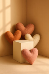 Soft fabric hearts in warm earth tones around beige podium - cozy Valentine's Day composition with copy space for product presentation and emotional branding