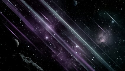 Obraz premium Space scene with purple and blue streaks and stars. The streaks are like a comet or a meteor shower