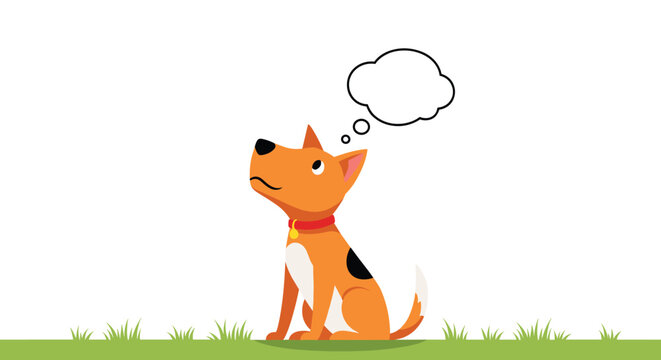 Cute cartoon dog with a red collar sitting on green grass, looking up at an empty thought bubble, contemplating something.