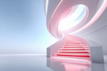 Spiral staircase with red steps leading to a white room. The staircase is lit up with red lights, creating a warm