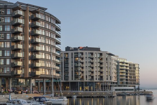 Modern apartment blocks by the marina, Tjuvholmen, Aker Brygge, Oslo, Norway