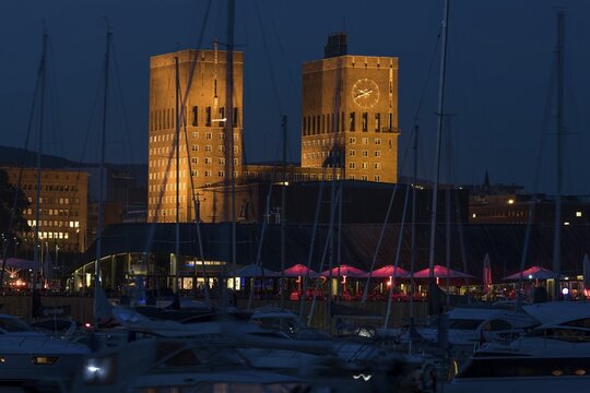 Illuminated Oslo City Hall, Aker Brygge, Oslo, Norway