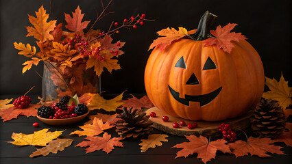 A spooky jack o lantern grins beside a vase of autumn leaves and berries on a dark background