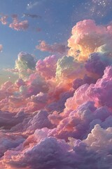 Fototapeta premium Dreamy rainbow clouds in a pastel sky, a colorful fantasy scene with stars