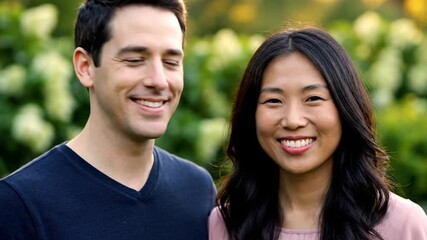 Happy diverse couple smiling, looking at camera in a lush outdoor setting