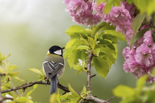 Great tit (Parus major) looking over its shoulder, surrounded by bright pink cherry blossoms, Hesse, Germany