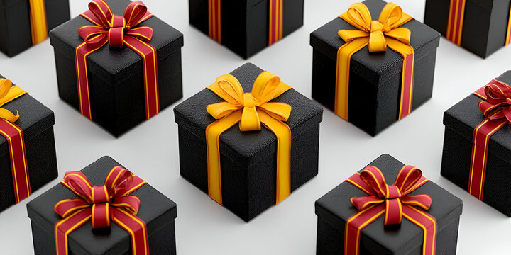 A collection of elegant black gift boxes adorned with vibrant yellow and red ribbons, perfect for special occasions and celebrations.
