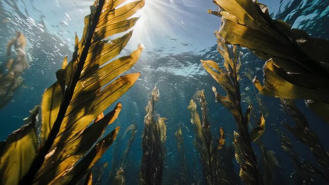 Sunlight filters through underwater kelp forest teeming with life and aquatic plants in deep blue ocean.