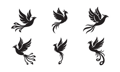 Fototapeta premium Set of Phoenix Bird Silhouettes Vector Icons Collection