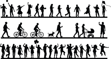 Human activity silhouettes, walking, jogging, cycling, dancing, kite flying, stroller pushing, social interaction, celebration scene, black illustration, flat vector