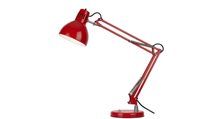 Red architect lamp with adjustable arm and shade provides focused lighting for desk work or reading enhancing productivity and style in any space on transparent background